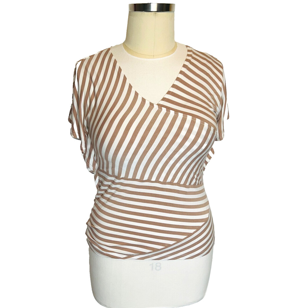 Women's L Blouse Design 365 Beige White Varied Stripe Wrap VNeck Peplum